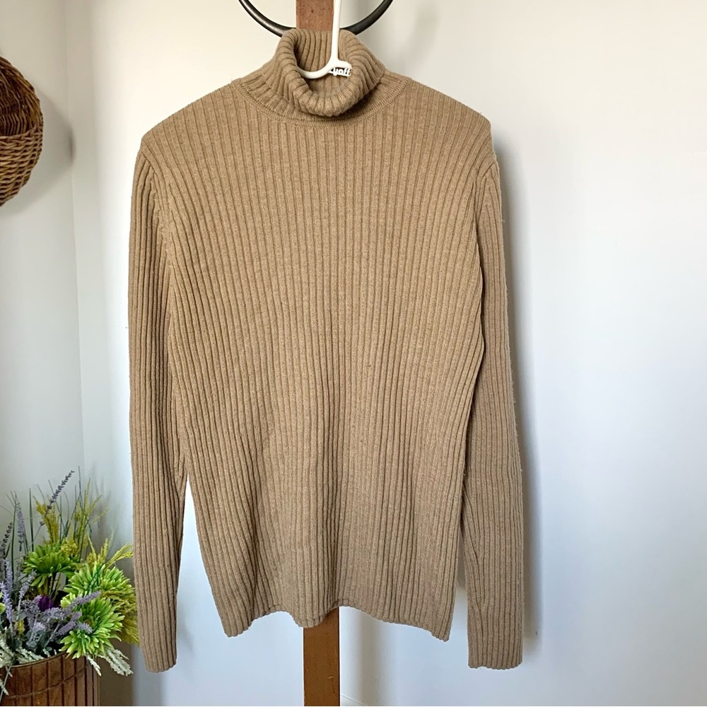 LL Bean 100% Merino Wool Ribbed Turtleneck Sweater in beige tan LG - Picture 12 of 13